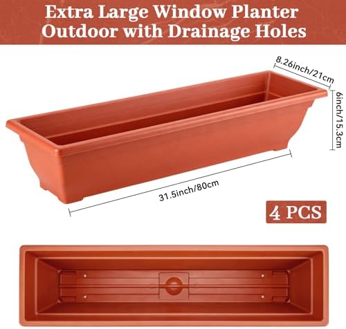 Briwooody 4 Pcs 31.5 Inch Extra Large Window Planter Outdoor with Drainage Holes Rectangle Plastic Window Flower Planter Box for Patio Home Decor, Brick Red - Image 2