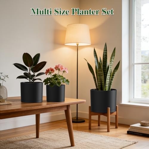 Plant Pots, 10/9/8 Inch 3 Pack Cylindrical Flower Pots with Drainage Holes and Saucers, Plastic Planters for Outdoor Indoor Plants,Black - Image 4