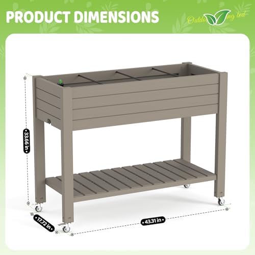 Elevated Raised Garden Bed,Outdoor Large Planter Box with Wheels & Shelf for Backyard Balcony,Dust-Proof Resin Patio Raised Bed for Herbs Flowers Vegetables(Grey) - Image 2