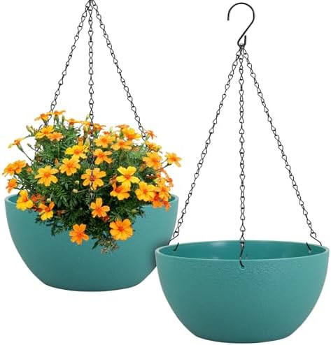 Meowell 12 inch Large Hanging Planters for Indoor Outdoor Plants, 2 Pack Hanging Flower Plant Pots with Drainage Holes and Chain for Garden Porch, Plastic Hanging Baskets for House Plants, Blue Green by Meowell