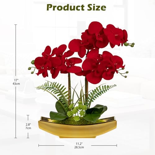 Briful Orchid Artificial Flowers 17" Silk Red Orchid Floral Arrangement with Gold Pot Real Touch Faux Orchid Plant for Home Office Room Kitchen Table Centerpiece Shelf Decor - Image 2
