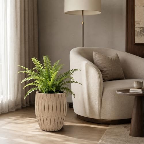 12" H x 9" Dia Beige Fiberstone Planter Pot with Drainage Hole, Decorative Flower Pot for Houseplants, Succulents & Small Trees, Indoor Outdoor Home Décor, Patio, Porch & Garden, Handmade Finish - Image 5