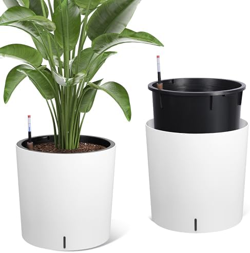 Takywep Set of 2 Large Round Planters – 19.5" Tall Self Watering Plant Pots with Drainage & Water Level Indicator, Indoor Outdoor Planters with Wheels-White - Image 2