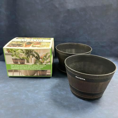 8 Inch Whiskey Barrel Planter with Saucer and Drainage Hole, Lightweight Plastic Flower Pot for Indoor Outdoor Use - Image 5