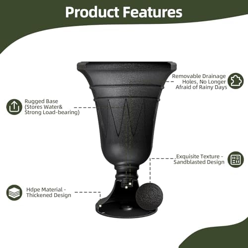 Tall Plastic Urn Planters for Outdoor Plants Set of 2-23.6" H Classic Trophy Design Indoor Large Flower Pots with Drainage Holes, Outdoor Planters for Porch Decor/Garden Vase, Black - Image 4