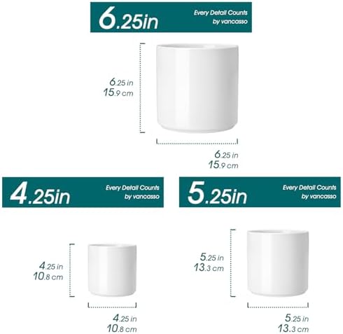 vancasso Ceramic Plant Pots, 4.25+5.25+6.25 Inch Planter Pot with Drainage Hole, Flower Pots for Indoor Outdoor Plants, Set of 3, White - Image 2