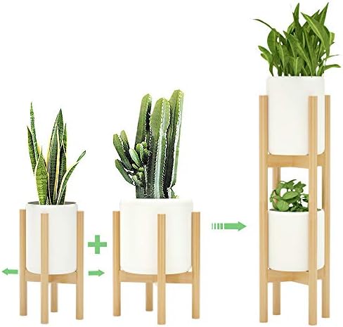 MUDEELA 2 Pack Indoor Plant Stands, 2 Tier Tall Plant Stand 30 inches, Mid Century Bamboo Plant Stand, Adjustable Width 8 - 12 inches, Fits Pot Size of 8 9 10 11 12 inches Pot & Plant Not Included, Natural by MUDEELA