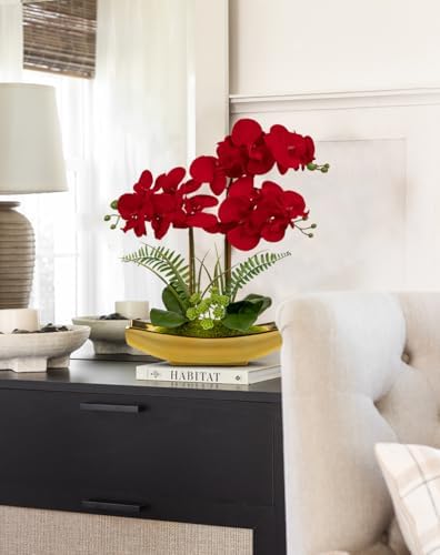 Briful Orchid Artificial Flowers 17" Silk Red Orchid Floral Arrangement with Gold Pot Real Touch Faux Orchid Plant for Home Office Room Kitchen Table Centerpiece Shelf Decor - Image 4