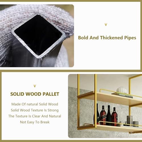 Ceiling Mounted Wine Rack，Industrial Wine Glass Shelf for Wall Storage Shelving，2-Layer Hanging Plant Flower Pot Stand Floating Decorations Shelves，Gold(80x30x80cm) - Image 3