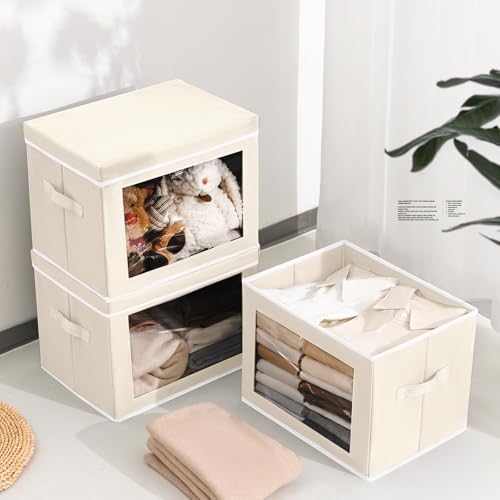 Homsorout Stackable Storage Bins with Lids - Medium Storage Box with Lids, Foldable Closet Boxes for Organizing, Wardrobe Clothes Organizer with Window, Fabric Bins for Living Room, 6 Pack, Beige - Image 6