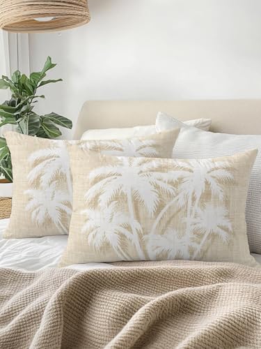 Tropical Palm Tree 12x20 Waterproof Outdoor Lumbar Pillows Set of 2 with Inserts, Vintage Beige Exotic Botanical Plants Patio Decorative Cushion Pillows for Outdoor Sofa Bench Porch Balcony - Image 3