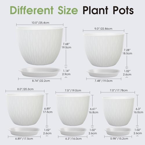 GARDIFE 5-Pack Plastic Plant Pots 7-10in with Drainage & Saucers, White - Image 2
