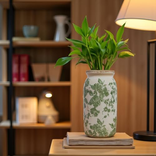 Vintage Green Floral Ceramic Vase, 8 Inch Crackle Glaze Rustic Handmade Vase, Decorative Pottery for Fresh or Dried Flowers, Farmhouse Cottage Modern Rustic Decor - Image 5