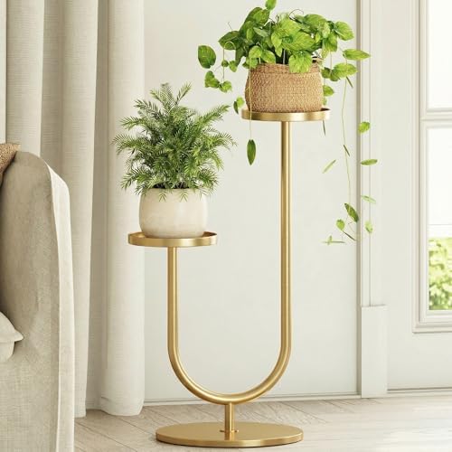 Bamworld Indoor Corner Plant Stands 2 Tier Plant Shelf for Tall Plant Holder Black Plant Shelves for Living Room Bedroom Midcentury Modern Home Decor(Gold) by Bamworld