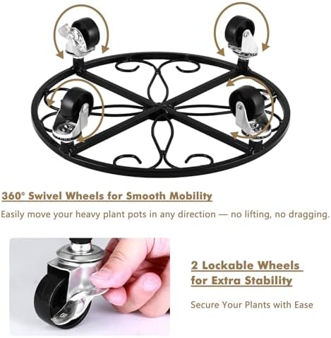 4 Pack Plant Caddy with Wheels 16 Inch Rolling Plant Stand for Large Plants Heavy Duty Plant Rollers Metal Plant Dolly Rustproof Planter Stand Wrought Iron Plant Stands Flower Cart Indoor Outdoor - Image 5