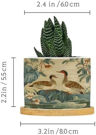 Garden Planters Ceramic Round Plant Pot with Drainage Holes and Bamboo Tray Pot for Home Desktop Office Windowsill - Image 2