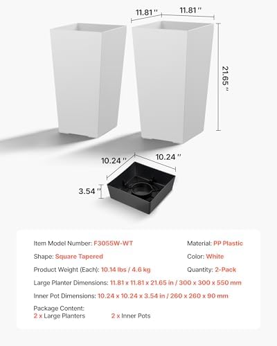VEVOR Set of 2 Tall Planters for Outdoor Plants 22 inch, White Tall Planter for Indoor Plants, Modern Planters for Front Porch Patio Balcony, Plant Container Flower Pots with Built-in Drainage - Image 7
