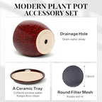 10 Inch Ceramic Planter with Drainage Hole Saucer(Red) - Image 4