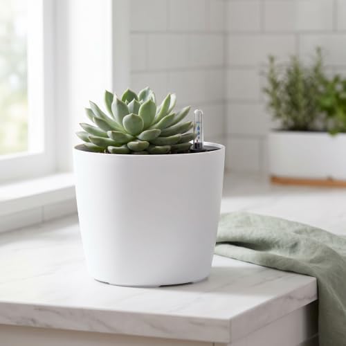 KINJOEK 4 Packs 7 Inch Self Watering Planter with Water Level Indicator, Modern Garden Decorative White Flower Pot for House Plants, Flowers, African Violets, Succulents, White - Image 6