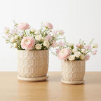 Decorative Flower Planter with Squoval Pattern and Saucer Plate - Home Decor Plant Pots for Indoor and Outdoor Styling - Perfect Plant Pots Accent for Plant Stand Indoor - Set of 2, 7", 6", Ivory by NESSANDJORD