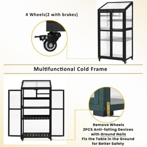Wooden Greenhouse, Cold Frame Portable Greenhouse with Wheels and Adjustable Shelves for Indoor Outdoor Patio Balcony Garden, 31.5" Lx22.4 Wx62 H, Black (White) - Image 3
