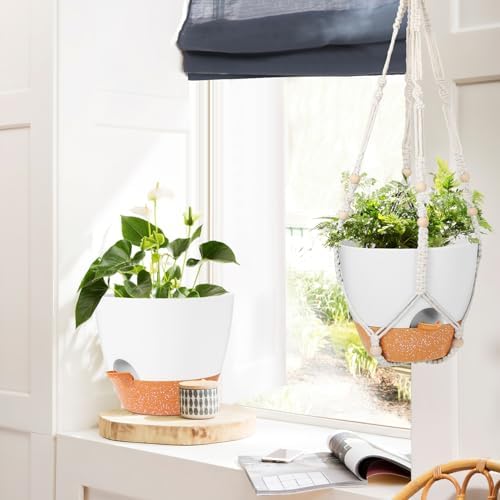GARDIFE 10 Inch Hanging Planters with Macrame Plant Hanger for Indoor and Outdoor Plants, 2 Pack Large Self Watering Hanging Plant Pot with Basket Flower Pot with Drainage Hole, White - Image 6