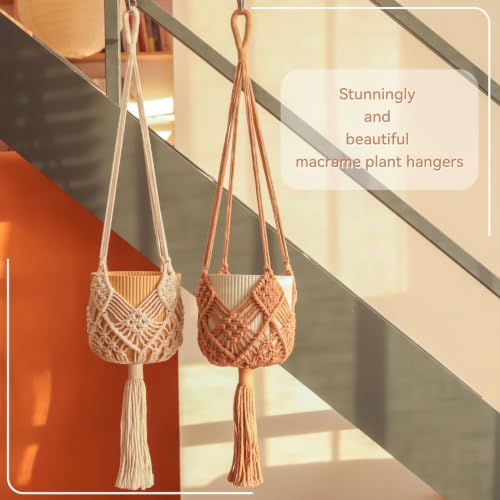 Hanging Planter with Patterns,4Packs Macrame Plant Hangers Indoor Macrame for up to 8 inch Pot Crochet Boho Plant Hanger Holder for Indoor Outdoor with 4 Stainless Steel Hooks (4Pcs Caramel & White) - Image 5