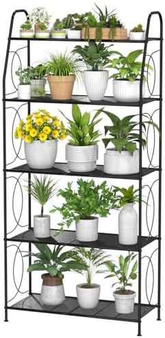 VyGrow 5 Tier Plant Stand Indoor Outdoor, Heavy Duty Plant Shelf, Metal Mesh Tall Plant Stands Holder Rack for Living Room Balcony and Garden, Black by VyGrow