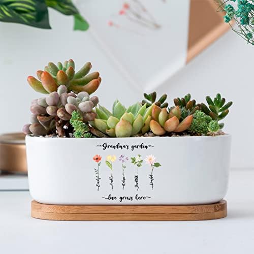 Personalized Birth Month Flower Plant Pot with Kids Names,Custom Grandma's Garden Ceramic Succulent Planter with Bamboo Tray Indoor Outdoor Home Decor Plants, for Mom Grandma,A2 - Image 2