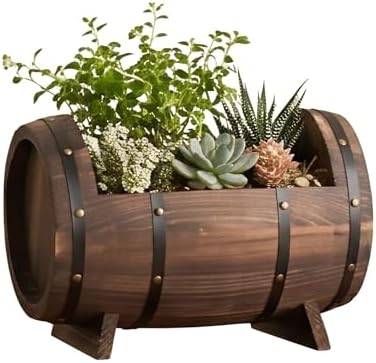 Whiskey Barrel Planter Wooden Barrel Planter for Indoor & Outdoor Use Patio Lawn Garden Balcony with Drainage Hole Rustic Decorative Plant Container (15.7×11.8×10.6in/40×30×27cm) by Unknown