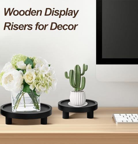 3 Pcs Wood Plant Stand Indoor Outdoor, Wooden Stool Display Stand 5/6/8" Round Riser Flower Pot Holder with Raised Edge Small Planter Tray Modern Potter Decorative for Garden Desktop Home Table Counter Room (Black) - Image 4