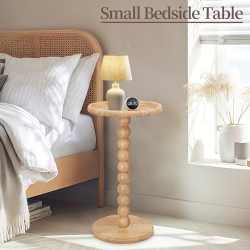 Drink Table, Boho Rattan Small Round Side Table for Small Spaces, Solid Wood Circle End Table for Living Room, Pedestal Table for Couch, Bedroom, Corners, Natural - Image 6