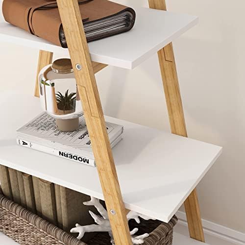 4-Tier Ladder Bookcase with Solid Bamboo Frame A Shape Multifunctional Display Shelf Ladder Shelf freestanding for Home Office，White/Wood (A-Frame Shelf) - Image 7