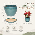 9.5 Inch Ceramic Plant Pot with Drainage Hole Mesh Net,Modern Gardening Pots for Indoor Plants with Saucer, Crackle Blue - Image 6