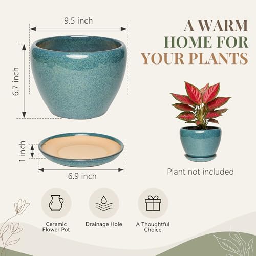9.5 Inch Ceramic Plant Pot with Drainage Hole Mesh Net,Modern Gardening Pots for Indoor Plants with Saucer, Crackle Blue - Image 6