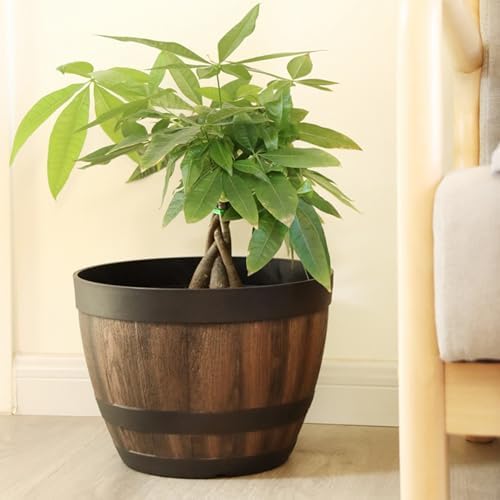 Plant Pots with Drainage, 2-Pack Outdoor Flower Pots, 7.7 Inch Large Plant with Drainage Holes, Whiskey Barrel Design Plastic Planter for Indoor Plants Garden Balcony, Flower - Image 5