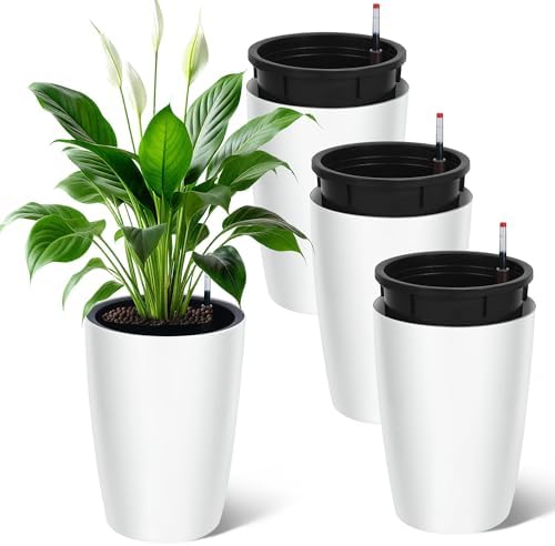 Set of 4 Tall 16 Inch Self-Watering Flower Pots – Large White Planters with Built-in Drainage & Water Level Gauge – Compatible for Indoor and Outdoor Plants – Patio, Balcony, Living Room - Image 3