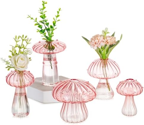 Glasseam Mushroom Glass Bud Vase Set of 5, Pink Small Vases for Flowers by Glasseam