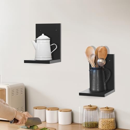 PHOENANCEE Small Wall Shelf Modern,Wooden Mini Floating Shelves,Indoor Wall Mounted Plants Shelf L Shaped,Midcentury Display Decorative Holder for Gallery Living Room Bedroom Porch,Pine,4 Pack(Black) - Image 4