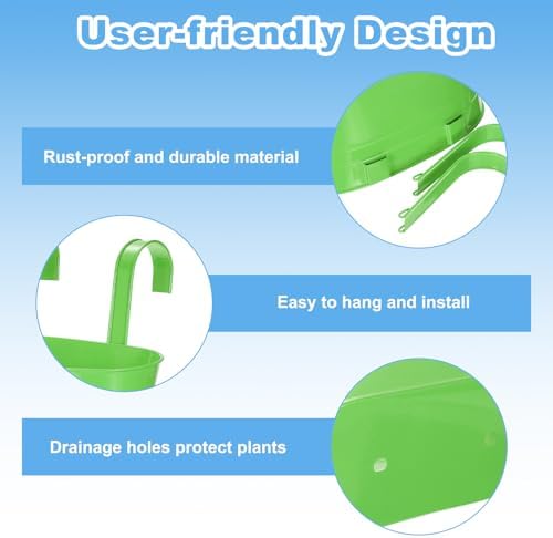 uxcell Rail Planter for Outdoor Plants, 4 Pcs 11" Iron Wall Hanging Planters Fence Railing Balcony Planters with Drainage Holes and Detachable Hooks, Dark Green - Image 4