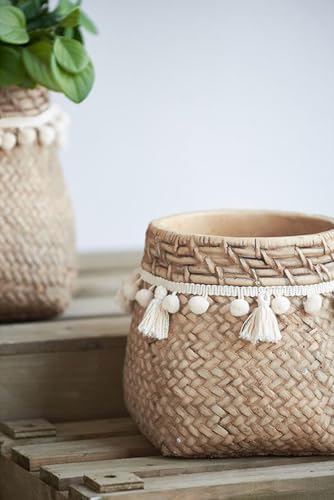Set of 2 Brown Cement Planters with Woven Tassel Accent, 6.5 Inch - Image 5
