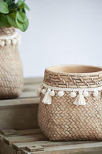Set of 2 Brown Cement Planters with Woven Tassel Accent, 6.5 Inch - Image 5