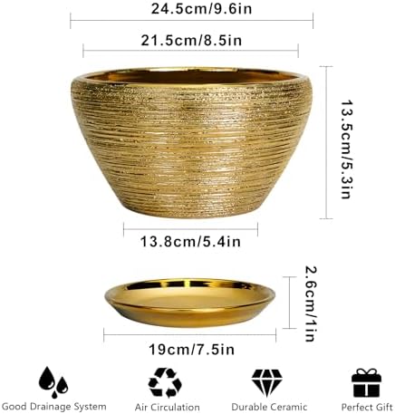 Ceramicfor Ceramic Plant Pot Indoor - 9 Inch Planters for Outdoor Plants Decorative Plant Pot with Drainage Hole and Saucer Round Planter Modern Flower Pot Decorative for House Decor Gold - Image 3