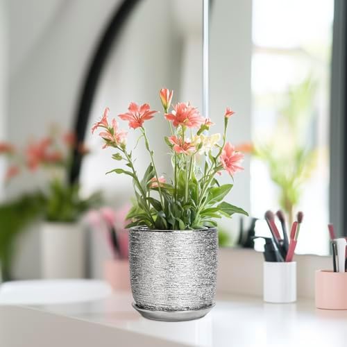 Ceramic Plant Pot 5 Inch, Indoor Planter with Drainage, Silver - Image 6