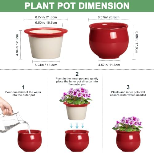 8 Inch Ceramic Self Watering Pots with Absorbent Inner Pot, Red - Image 2