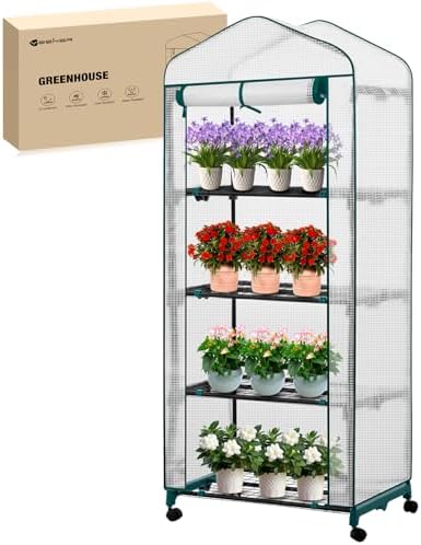 Yesker Mini Greenhouse 27"x20"x63" Portable Indoor / Outdoor Small Green House with 4 Tier 4 Shelves Wheels Thicken PE Cover Compact Greenhouses Kit for Winter Gardening Balcony Patio Backyard, White by YESKER
