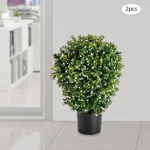 2PCS Artificial Boxwood Ball Bushes Potted Plants for Outdoor, Faux Topiary Ball, Fake Plants Greenery, Round Shrubs Bushes with Dry Moss Plastic Flowerpot, for Entryway Front Porch Decor (20Inch) - Image 3