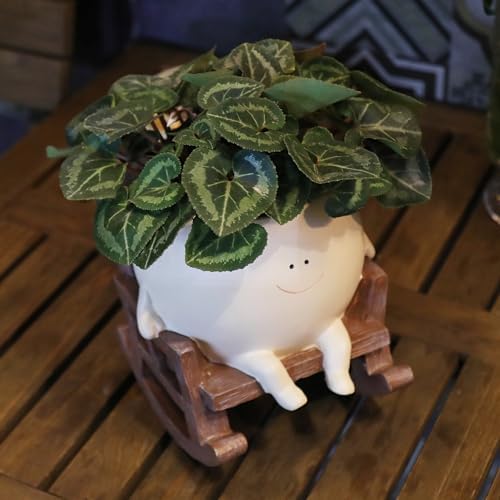 Smily Face Planter Pot Cute Resin Flower Head Planters for Indoor Outdoor Plants Unique Sitting Rocking Chairs Succulent Pots for String of Pearls Plant Live Gift Ideals with Drainage Hole - Image 5