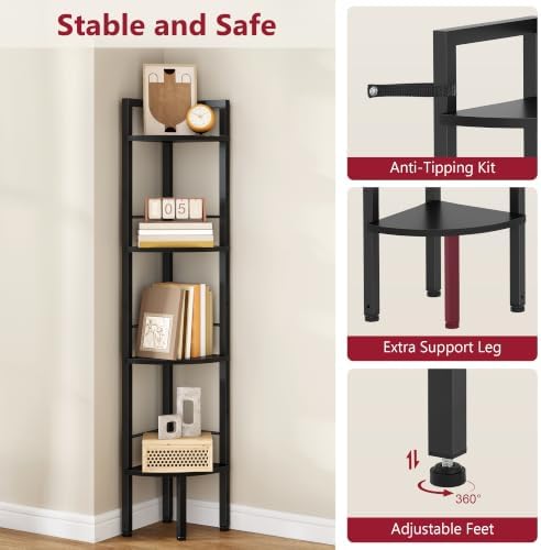 Tajsoon Small Corner Shelf Stand 4 Tier 48.5" with Metal Frame, Black - Image 5