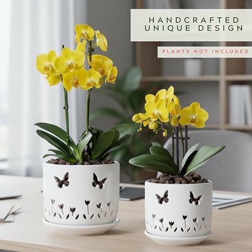 2 Pack, 5 + 6 Inch White Orchid Pots with Butterflies and Tulips Holes, Ceramic Orchid Planters for Repotting with Drainage Holes - Image 2